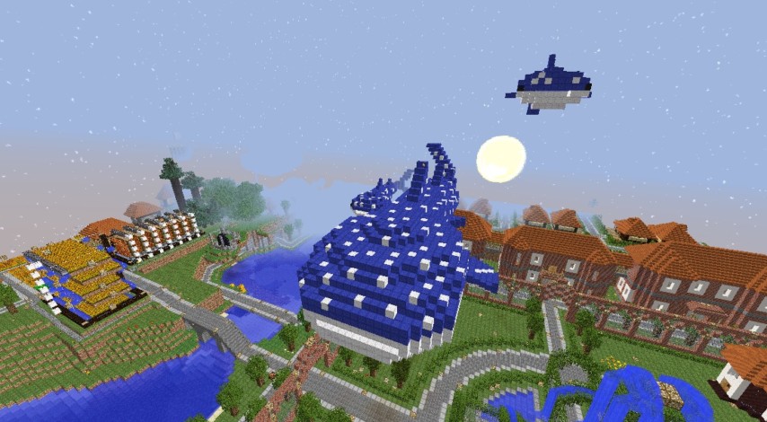 Minecrafterししゃもがマインクラフトでぷっこ村に空飛ぶジンベエザメを作成する1