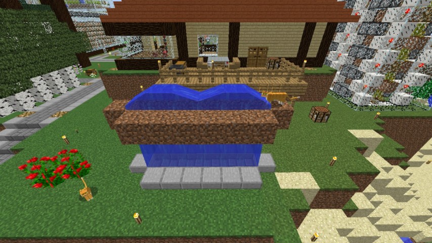 Minecrafterししゃもがマインクラフトでぷっこ村に水のカーテンを作成し作成方法を茶番を演じながら紹介する15