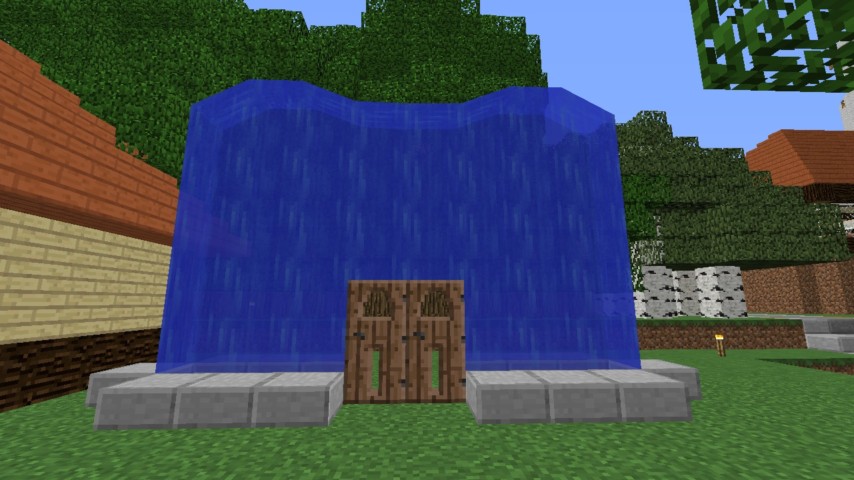 Minecrafterししゃもがマインクラフトでぷっこ村に水のカーテンを作成し作成方法を茶番を演じながら紹介する4