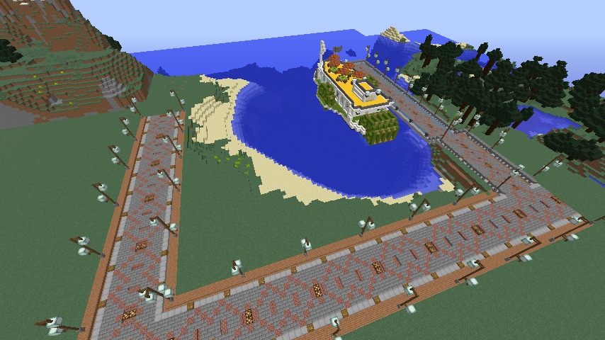 Minecrafterししゃもがマインクラフトでぷっこ村の新たな港を建設し、小型フェリーを浮かべる11