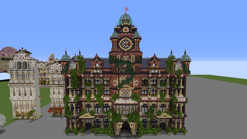 Minecrafterししゃもがマインクラフトでぷっこ村にバルモラルホテル をモデルにした時計塔のあるホテルを建築する5